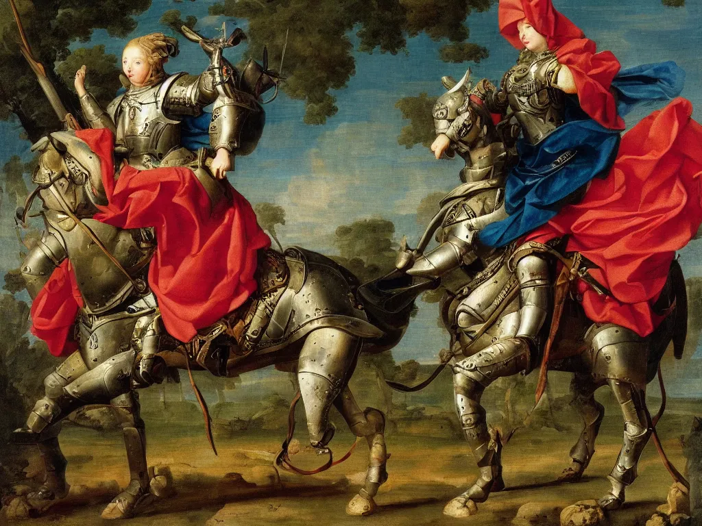 Prompt: a valiant female knight in full armor | colorful | tapestries | Hyacinthe Rigaud | stone castle