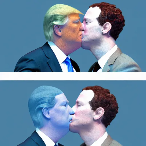 Prompt: a 3d render of mark zuckerburg kissing donald trump, in the style of beeple,