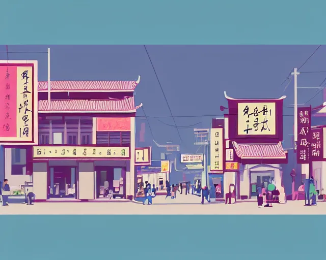 Image similar to artstation a graphic design of a little chinese town ， main road ， river