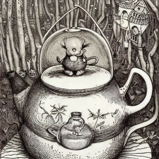 Image similar to dormouse from Alice in Wonderland poking its head out of the teapot, by Santiago Caruso, and M.C. Escher, fairy-tale illustration style, very detailed, colorful, beautiful, eerie, surreal, psychedelic