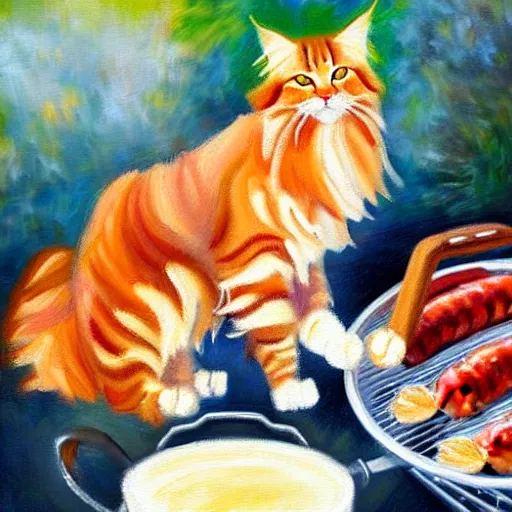 Image similar to beautiful impressionist painting of an ginger maine coon with a white beard cooking some sausages on a pan