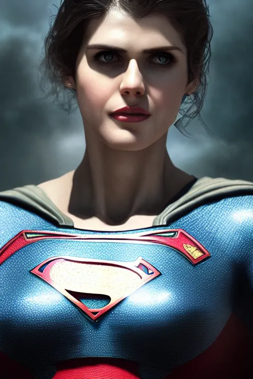 Image similar to a fancy close up of Man of Steel cast as Alexandra Daddario by Greg Rutkowski, Sung Choi, Mitchell Mohrhauser, Maciej Kuciara, Johnson Ting, Maxim Verehin, Peter Konig, 8k photorealistic, cinematic lighting, HD, high details, dramatic, trending on artstation, full body shot