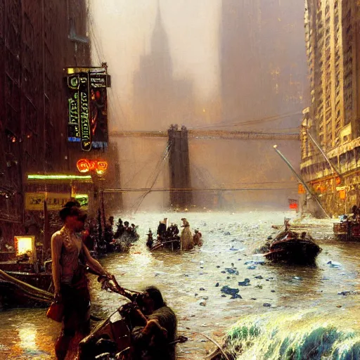 Image similar to the sea flooding the entire city of modern new york. you can see the water entering buildings highly detailed painting by gaston bussiere, craig mullins, j. c. leyendecker