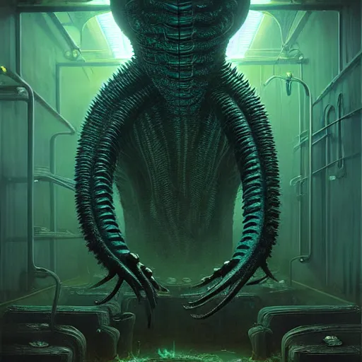 Image similar to menacing aggressive black slimy creature made out of needles, inside a gas station, aggressive harsh bright fluorescent industrial blue lighting, extremely detailed digital matte painting buy Greg Rutkowski and H.R. Giger