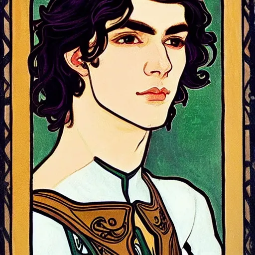 Image similar to painting of young handsome beautiful paladin elf! man with long wavy dark hair in his 2 0 s named shadow taehyung at the blueberry party, wearing armor!, elegant, clear, painting, stylized, delicate, soft facial features, art, art by alphonse mucha, vincent van gogh, egon schiele,