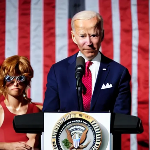 Prompt: alien, gray alien, wearing a blond wig and a red dress and ((Joe Biden)) at a press conference, photograph, highly detailed, 4K