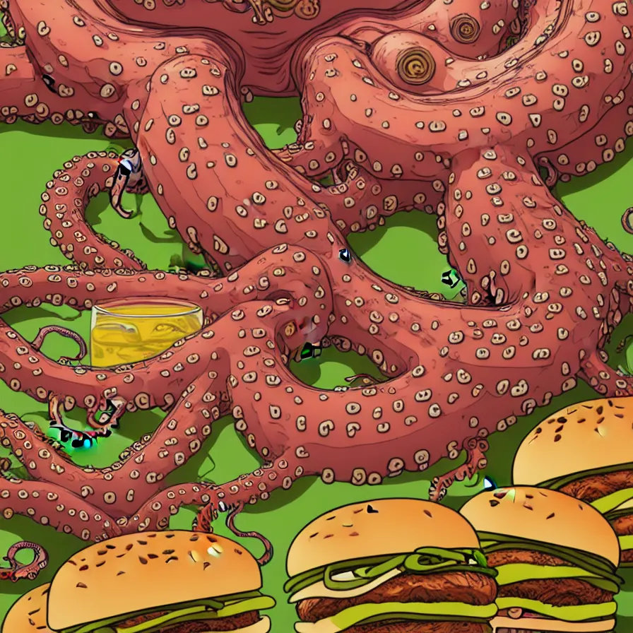 Prompt: ultra detailed anatomic illustration of a giant octopus holding many burgers, tentacles wrapped around burgers, artstation, 8 k