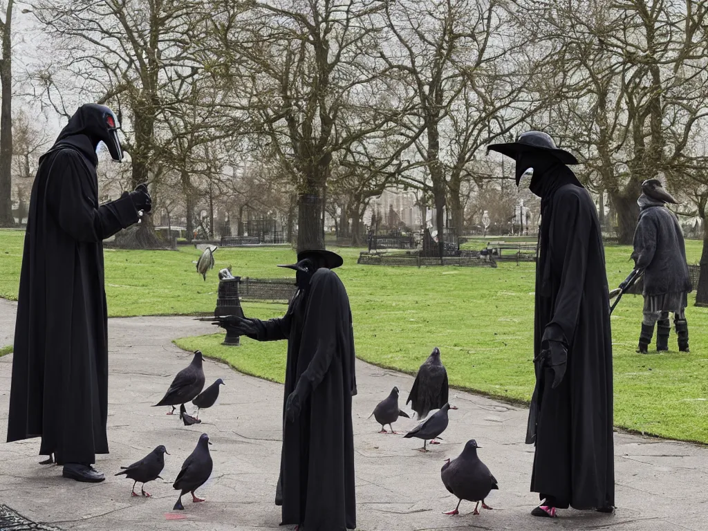 Image similar to plague doctor in the park feeding pigeons