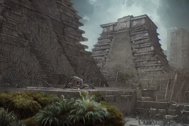 Image similar to brutalist Aztec architecture, tzompantli, feathers by Jessica Rossier and HR Giger