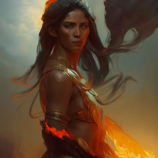 Image similar to a beautiful portrait of a fire goddess by greg rutkowski and raymond swanland, trending on artstation, flaming background, ultra realistic digital art