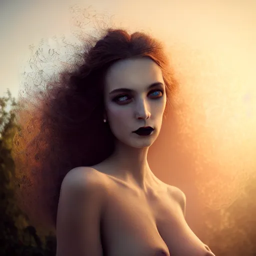 Image similar to photographic portrait of a stunningly beautiful elegant gothic female in soft dreamy light at sunset, god rays, contemporary fashion shoot, by edward robert hughes, annie leibovitz and steve mccurry, david lazar, jimmy nelsson, breathtaking, 8 k resolution, extremely detailed, beautiful, establishing shot, artistic, hyperrealistic, beautiful face, octane render