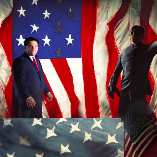 Image similar to Ron Desantis in front of a Betsy Ross flag, dark, creepy, ominous, modern propaganda artwork