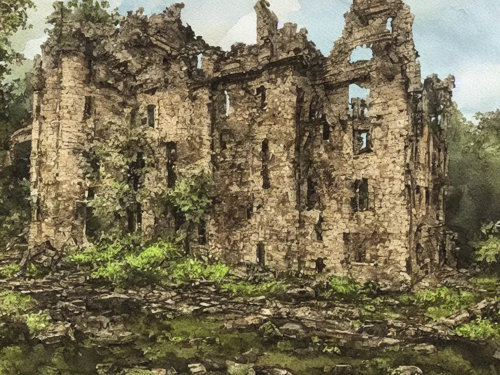 Image similar to A water painting of a dilapidated ancient castle building in the wood