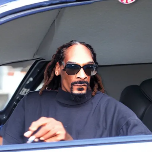 Image similar to Snoop Dogg is sitting in a police car wearing a cap C-11