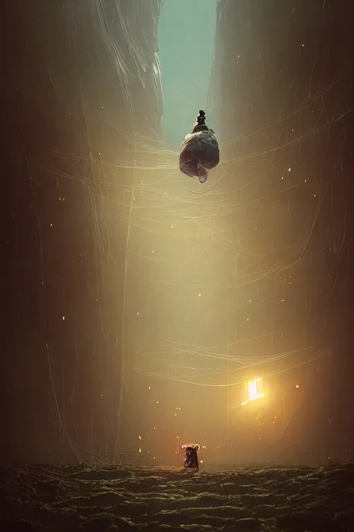 Prompt: A giant michanical being looking down at a small person by Greg Rutkowski, beeple, Sung Choi, Mitchell Mohrhauser, Maciej Kuciara, Johnson Ting, Maxim Verehin, Peter Konig, final fantasy, macro lens, 35mm, 8k photorealistic, cinematic lighting, HD, high details, dramatic, dark atmosphere, trending on artstation