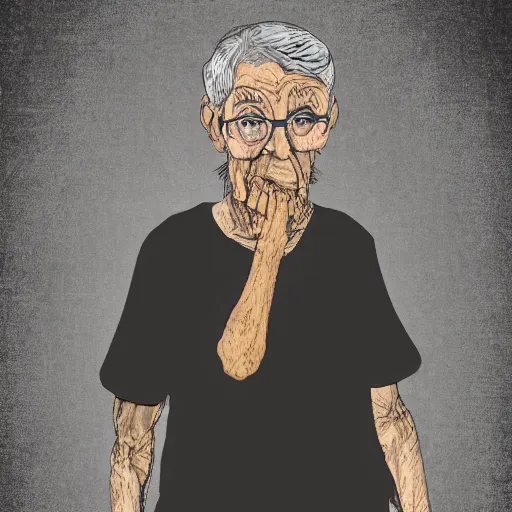 Image similar to detailed half body digital art of a old person wearing ragged and ruined clothes. the background is pure black with a little bit of glow behind the character