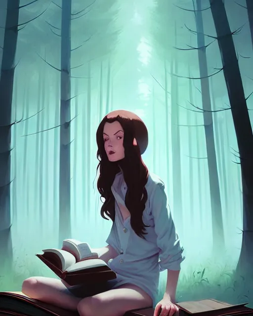 Image similar to hyper - realistic portrait of a woman with a magic book in the evil forest by atey ghailan, by greg rutkowski, by greg tocchini, by james gilleard, by joe fenton, by kaethe butcher, dynamic lighting, gradient light blue, brown, blonde cream and white color scheme, grunge aesthetic
