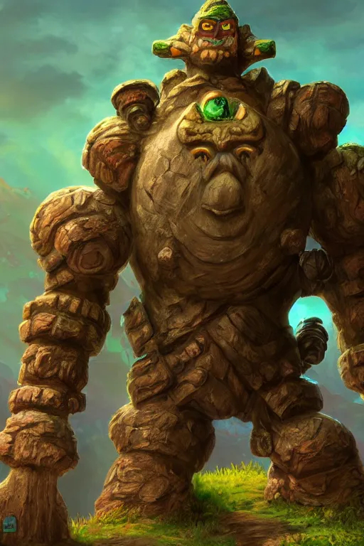 Image similar to zelda fantasy art giant golem troll wood rock greeble gemstone, global illumination ray tracing hdr fanart arstation by sung choi and eric pfeiffer and gabriel garza and casper konefal