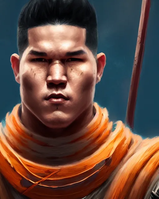 Prompt: face portrait of devin booker as a muscular ronin samurai, wearing a haori, by wlop and peter mohrbacher, dramatic action pose, extremely detailed shading, concept art, digital painting, trending on artstation, unreal engine 5, octane render, atmosphere, glow, cinematic lighting, full of color