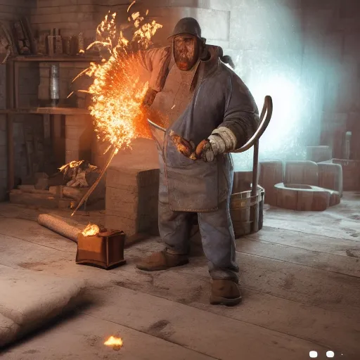 Image similar to Blacksmith creates new element with hammer, arnold render, ultrarealistic, bloom, mythic