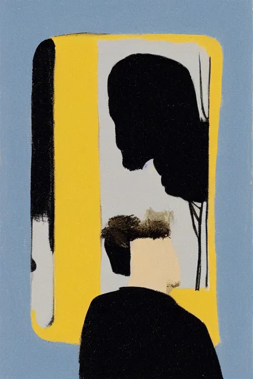 Image similar to man looking at his reflection in the mirror, 1960’s minimalist advertising illustration, painterly, expressive brush strokes