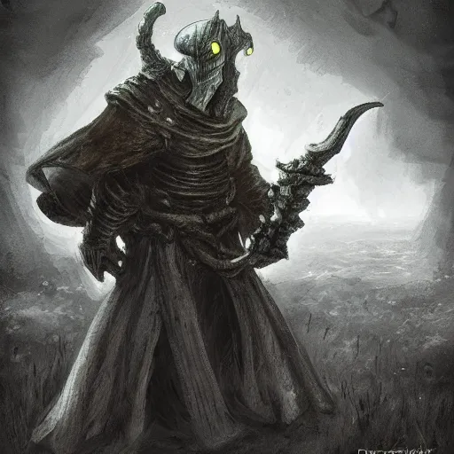 Prompt: squidward as a dark souls boss by Dariusz Zawadzki