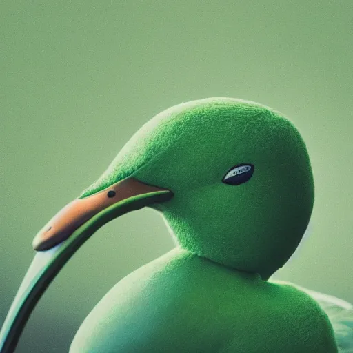 Image similar to a high quality photo of a green duck wearing headphones, realism, 8k