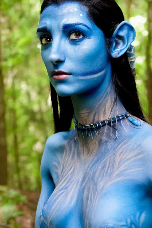 Prompt: a greek woman dressed as a blue-skinned female navi from avatar standing in a forest, blue body paint, high resolution film still, 8k, HDR colors, cosplay, outdoor lighting, high resolution photograph, photo by bruce weber, beautiful symmetric face, beautiful gazing eyes