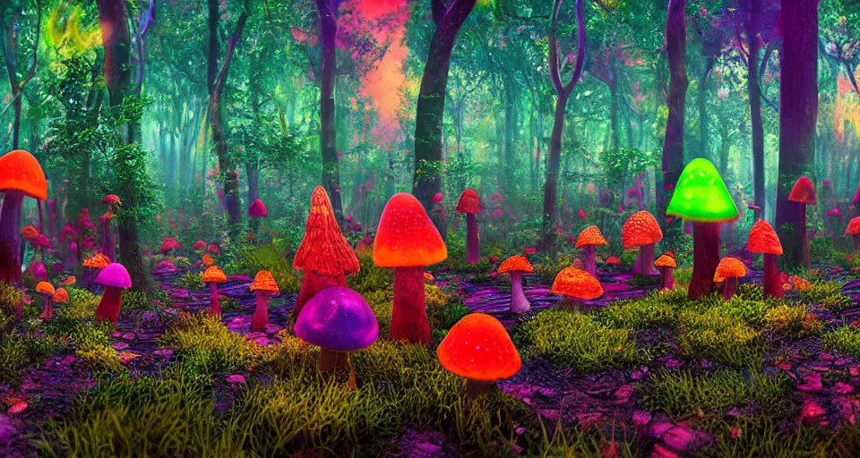 Prompt: A hyperrealistic photo of a kaleidoscopic psychedelic mushroom forest, with glowing mushrooms, and pixies, 8k, ultra detailed, volumetric lighting, 70mm