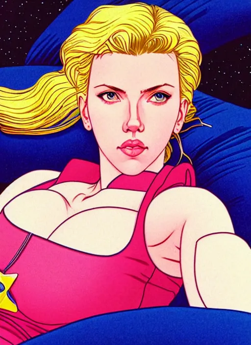 Prompt: perfectly centred realistic portrait of scarlett johansson as a sailor moon, lying on pillow, early morning, close - up shot, light falling on face, futuristic, highly detailed, 8 0 - s style poster, sharp focus, illustration, art by kawase hasui,