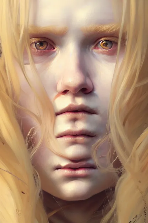 Image similar to Close-up portrait of young albino girl, long blonde hair, dark fantasy, portrait, highly detailed, digital painting, artstation, concept art, sharp focus, illustration, art by artgerm and greg rutkowski and alphonse mucha