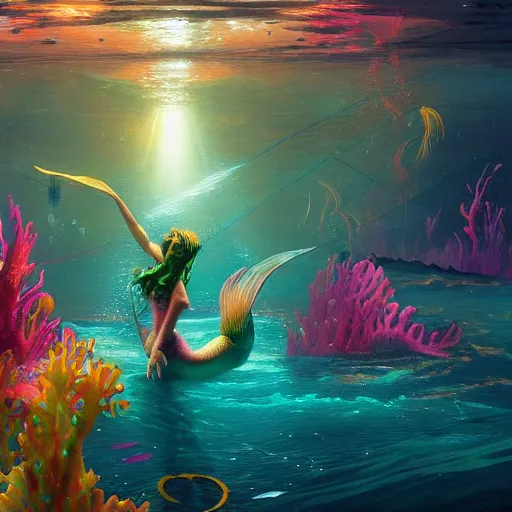 Image similar to a beautiful vivid colorful matte painting of mermaids dancing at an underwater discotheque by Grzegorz greg rutkowski and Tyler Edlin, with a disco ball, under the sea, ocean details, trending on ArtStation hq