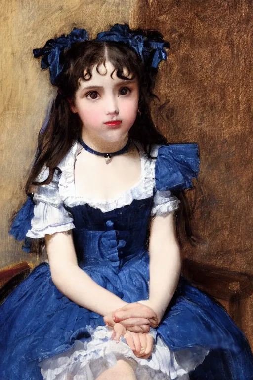 Image similar to a realistic portrait of black - haired little girl in a blue lolita dress with stars and petticoat sitting on the subway by eugene delacroix, detailed eyes, 4 k resolution