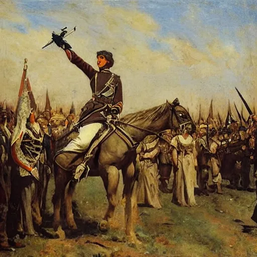 Prompt: action heroine leading an army, by alfred stevens