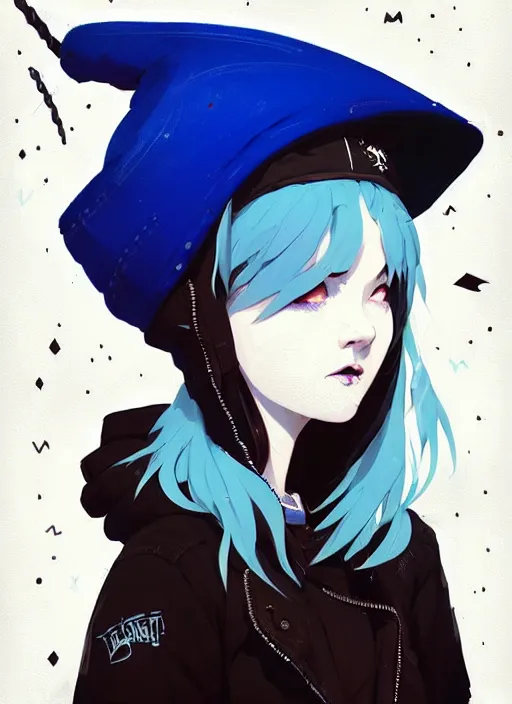 Image similar to highly detailed closeup portrait of a punk witch young lady student, blue witch hat, black parka, blue hair by atey ghailan, by greg rutkowski, by greg tocchini, by james gilleard, by joe fenton, by kaethe butcher, gradient, blue, black, brown and cream color scheme, grunge aesthetic!!! white graffiti tag wall background