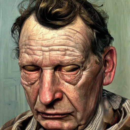 Image similar to high quality high detail painting by lucian freud, hd, exaggerated portrait of a lost soul, photorealistic lighting