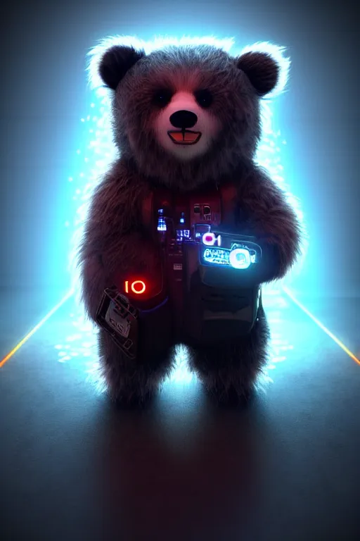 Image similar to high quality 3 d render very cute fluffy cyborg bear! plays electric guitar, cyberpunk highly detailed, unreal engine cinematic smooth, in the style of blade runner & detective pikachu, hannah yata charlie immer, moody light, low angle, uhd 8 k, sharp focus