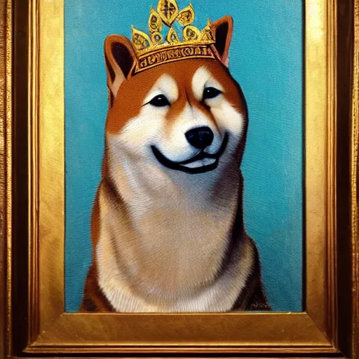 Image similar to renaissance oil painting, portrait of a shiba inu dog wearing a royal crown