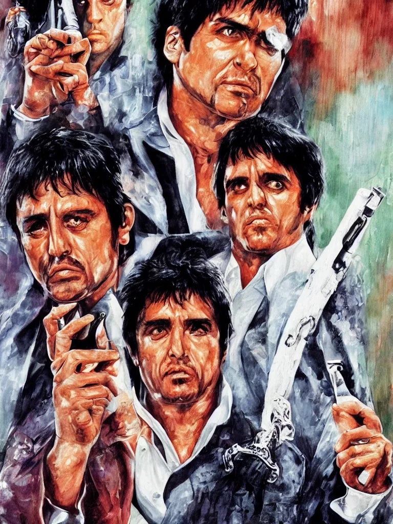 Image similar to medium shot. cogerent eyes. detailed face. tony montana from movie scarface. poster colors