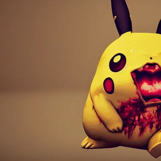 Image similar to 3 d realistic bloody pikachu eating a survivor from the game dead by daylight, dark lighting and heavy fog, videogame screenshot of mori animation