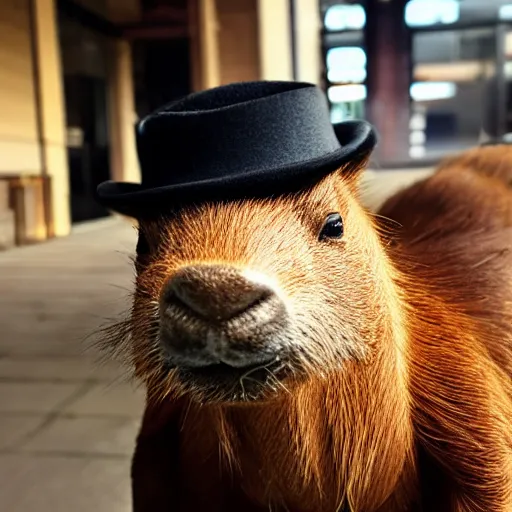 Image similar to smoking cigar, a man wearing a suit capybara head wearing a hat (smoking cigar)