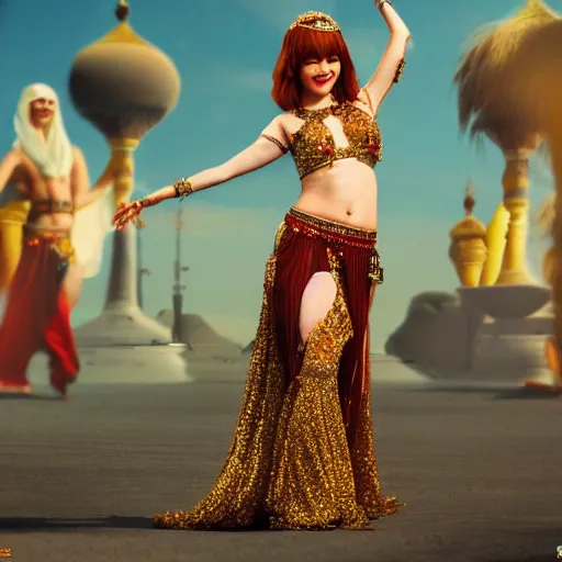 Prompt: a full body shot of emma stone as a belly dancer, arabian night, high quality, fully detailed, 4 k