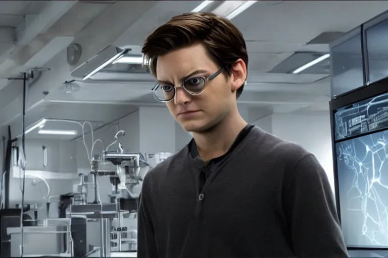 Image similar to Marvel Raimiverse Peter Parker played by Tobey Maguire working at a laboratory ultra realistic, 4K, movie still, UHD, sharp, detailed, cinematic