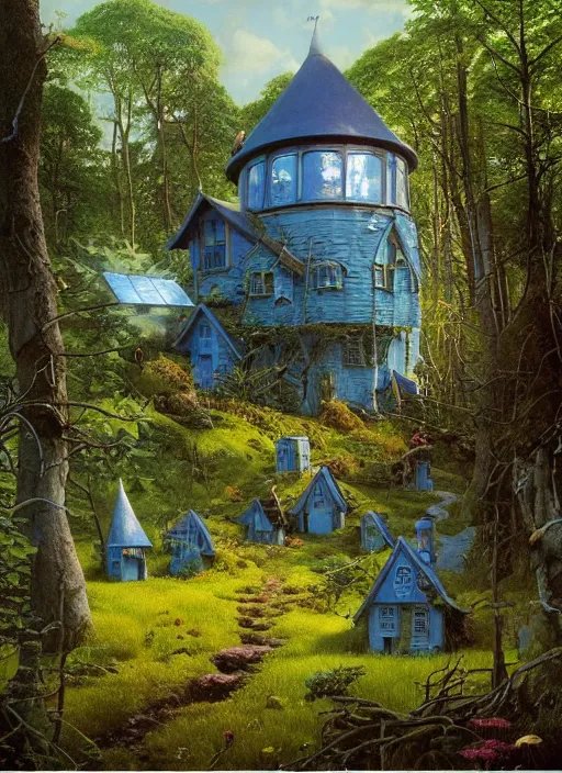 Image similar to hyper realistic witch cottage with solar panels with happy lighting and technology in the woods gorgeous lighting, sunbeams blue sky, lush forest foliage painting by zdzisław beksinski and norman rockwell and greg rutkowski weta studio, and lucasfilm