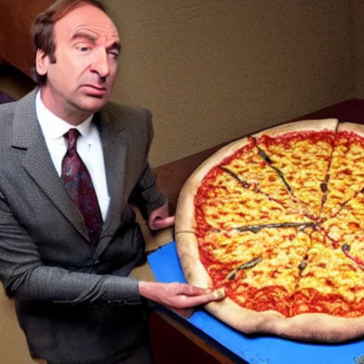 Prompt: Saul Goodman eating a gigantic pizza covering an entire room