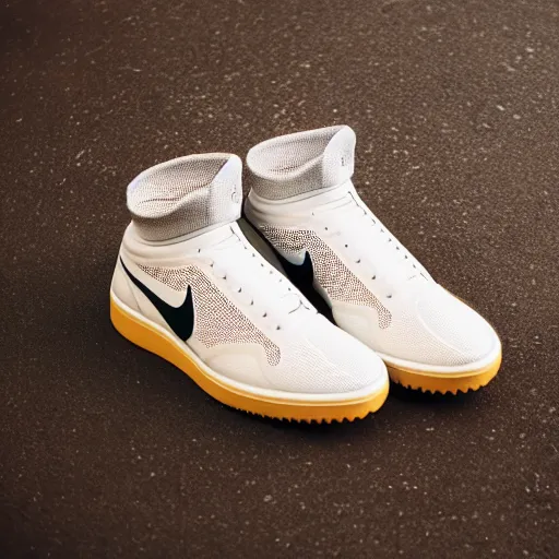 Image similar to a studio photoshoot of Nike sneakers designed by Tom Sachs, cream leather with knitted mesh material, gum rubber outsole, realistic, color film photography by Tlyer Mitchell, 35 mm, graflex