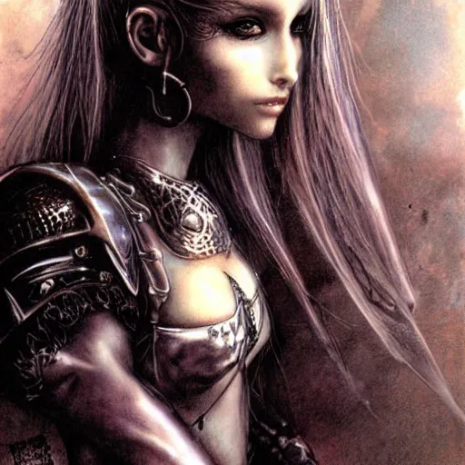 Prompt: portrait of knight girl with pigtails by Luis Royo