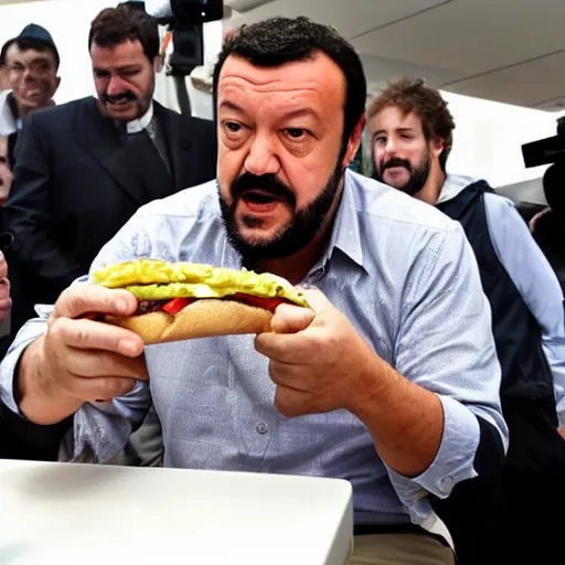 Image similar to Matteo Salvini eating a burger at McDonald’s, photograph, paparazzi