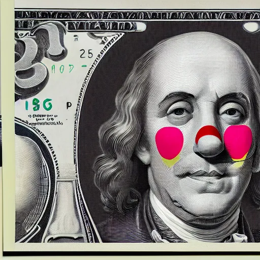 Image similar to A dollar banknote with a colorful clown face printed on it in the middle, whiteface makeup