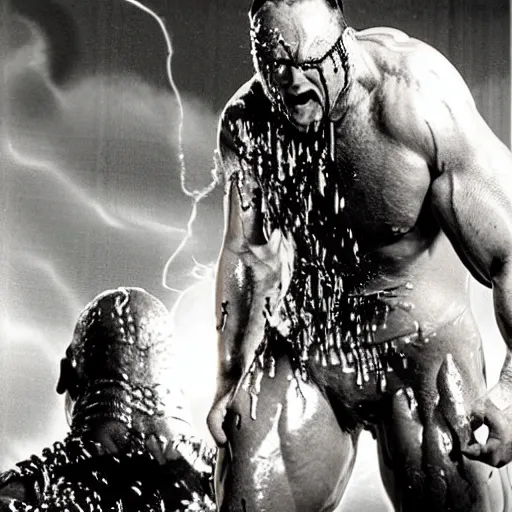 Prompt: 1 9 9 0's wwe publicity photo, a giant muscular man covered in wet reflective slime crawling out of a giant slimy wet cocoon, screaming in agony, inside a secret occult dark evil lab, ultra - detailed, photorealistic